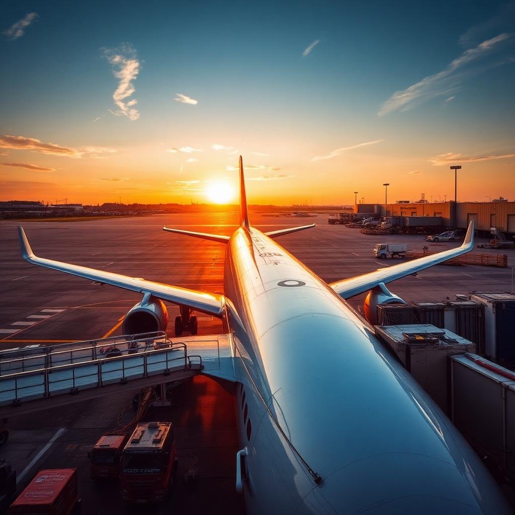 Cargo airplane at airport terminal at sunset
