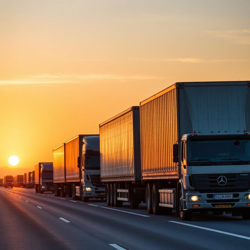 Fleet of cargo trucks on a highway at sunset